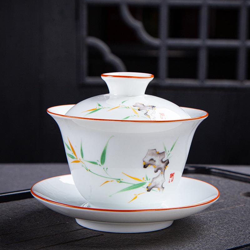 Dehua Gaiwan Cup Ceramic Large Single Sancai Bowl Kung Fu Tea Set Blue and White Porcelain Household