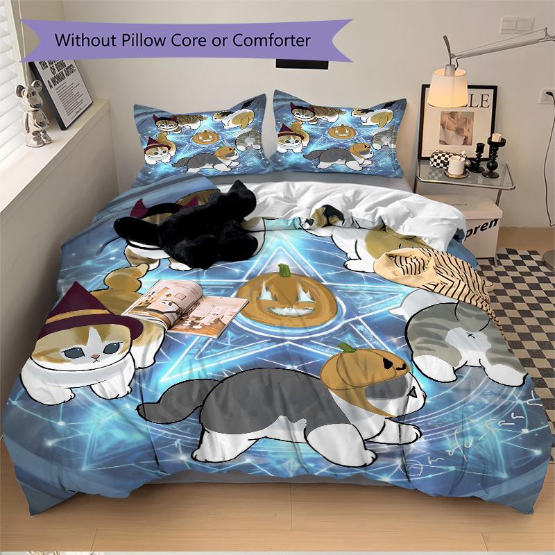 3pcs Halloween Spellbound Cats Quilt Cover Set - Soft and Cozy Bedroom, Guest Room and Dorm Decorative Bedding