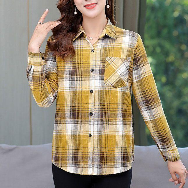 Spring Autumn Mom's Elegant Harajuku Plaid Tops Women Loose Casual All Match Lady Shirt Polo Collar Button Long Sleeve Shirt