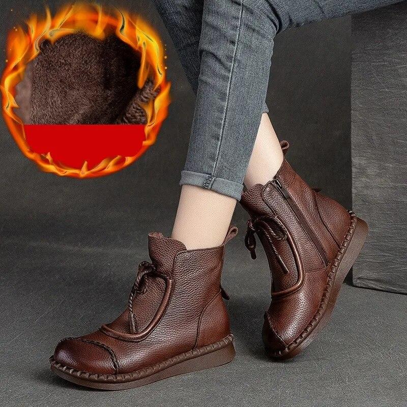 Johnature Flache Unterseite aus Plüsch und warmer Baumwolle, einfarbig, Retro-Stil, kurze Damenstiefel aus echtem Leder
