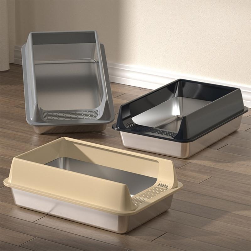 Large Half Enclosed Cats Litter Pan Stainless Steel AntiSplash Design Ventilation Litter Tray for Indoor Outdoor Cats