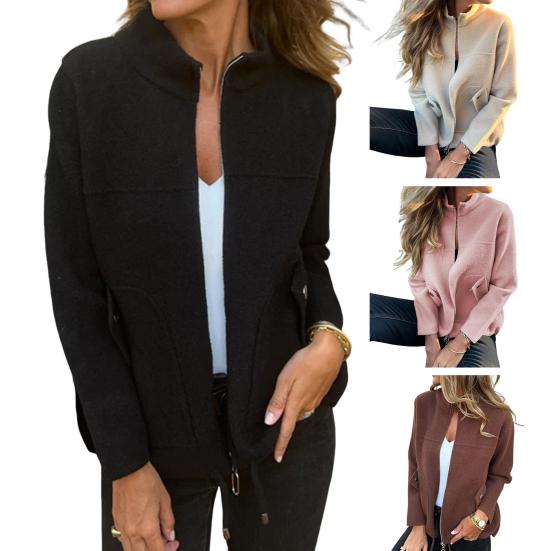 Women Jacket Stand Collar Long Sleeve Woolen Coat with Pockets Solid Color Warm Lightweight Coat Daily Wear