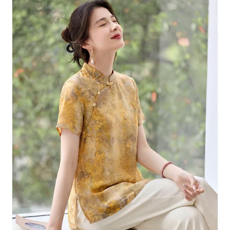 Women s Retro Elegant Floral Print Short Sleeve Blouse L