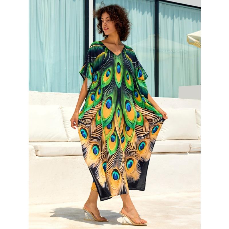 Vestidos Casuales de Moda para Mujer Verano Primavera Estampado Color Block Mangas 1/2 Cuello en V Cintura Holgada