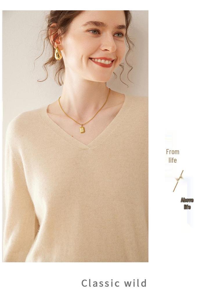 Women's Long Sleeve V-Neck Cashmere Knit Base Layer Top: Versatile, Loose, and Slimming Sweater Innerwear.