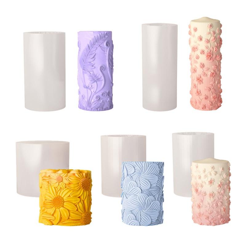 3D Embossed Pattern Cylindrical Scented Candle Mold Handmade Diy Plaster Diffuser Stone Jewelry Set