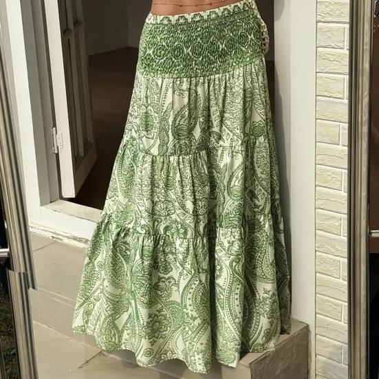 Maxi Skirt Pleated High Waist Printing A-Line Long Skirt Ruffle Splicing Design Leisure Vacation Women Skirt Daily Wear