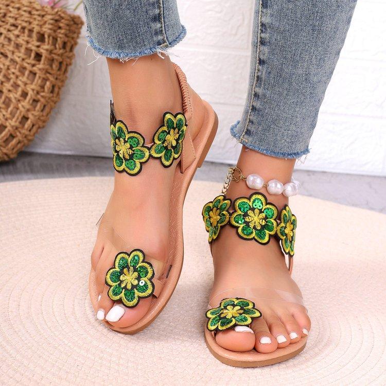 Summer New Bohemian Flat Slippers Wearing Ethnic Style Butterfly Toe Beach Sandals for Women Size 43