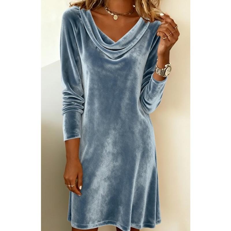 JPNTKY Fashion Autumn Winter Solid Color Print  U-Neck Long Sleeve Casual Dresses