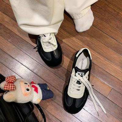 Cowhide Grape Mother with the Same Lace-up Color Matching Round Head Versatile Casual Sports Shoes Women's Genuine Leather Board Shoes Heightening G