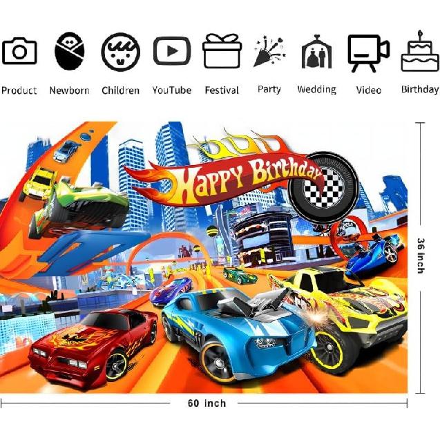 Hot Birthday Party Decorations, 5x3ft Happy Birthday Back Drop Banner Theme Backdrop Banner for Wheels Party Decorations Indoor Outdoor.