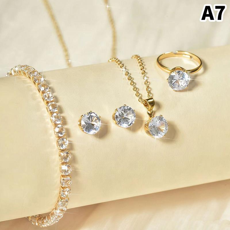 

Luxury Rhinestone Crystal Earrings Necklace Bracelet Set Charm Women Pendant Chain Fashion Jewelry Set Anniversary Gift A7