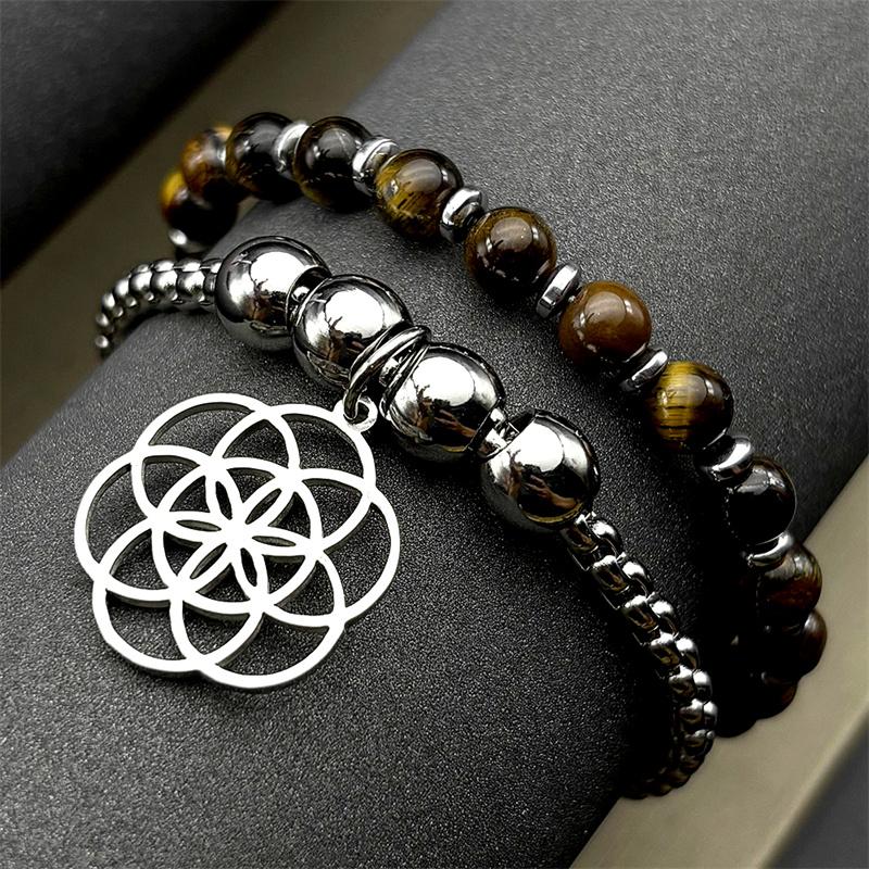 Tiger Eye Stone Seed Of Life Bracelet for Women Men Stainless Steel Fashion Flower Of Life Double-layer Hand Chain Reiki Jewelry