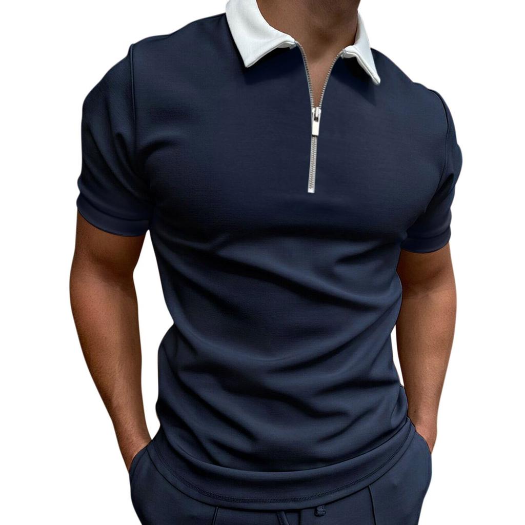Men Slim Fit Short Sleeve Zip Collar Casual Polo Shirt