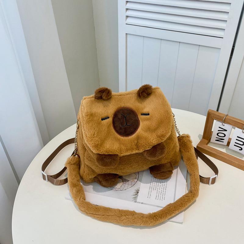 Anderson Cat And Capybara Embroidered Plush Backpack With Zipper Closure For Daily Use