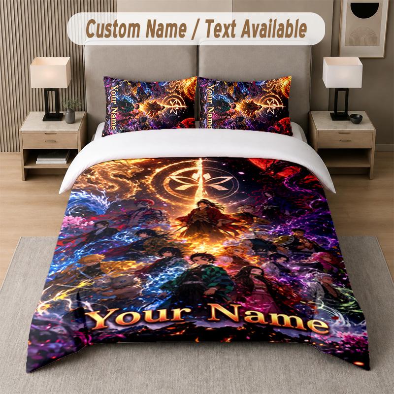 Demon Slayer 3Pcs Bedding Set, Personalized Custom Name Text, 1 Duvet Cover & 2 Pillowcases For Bedroom