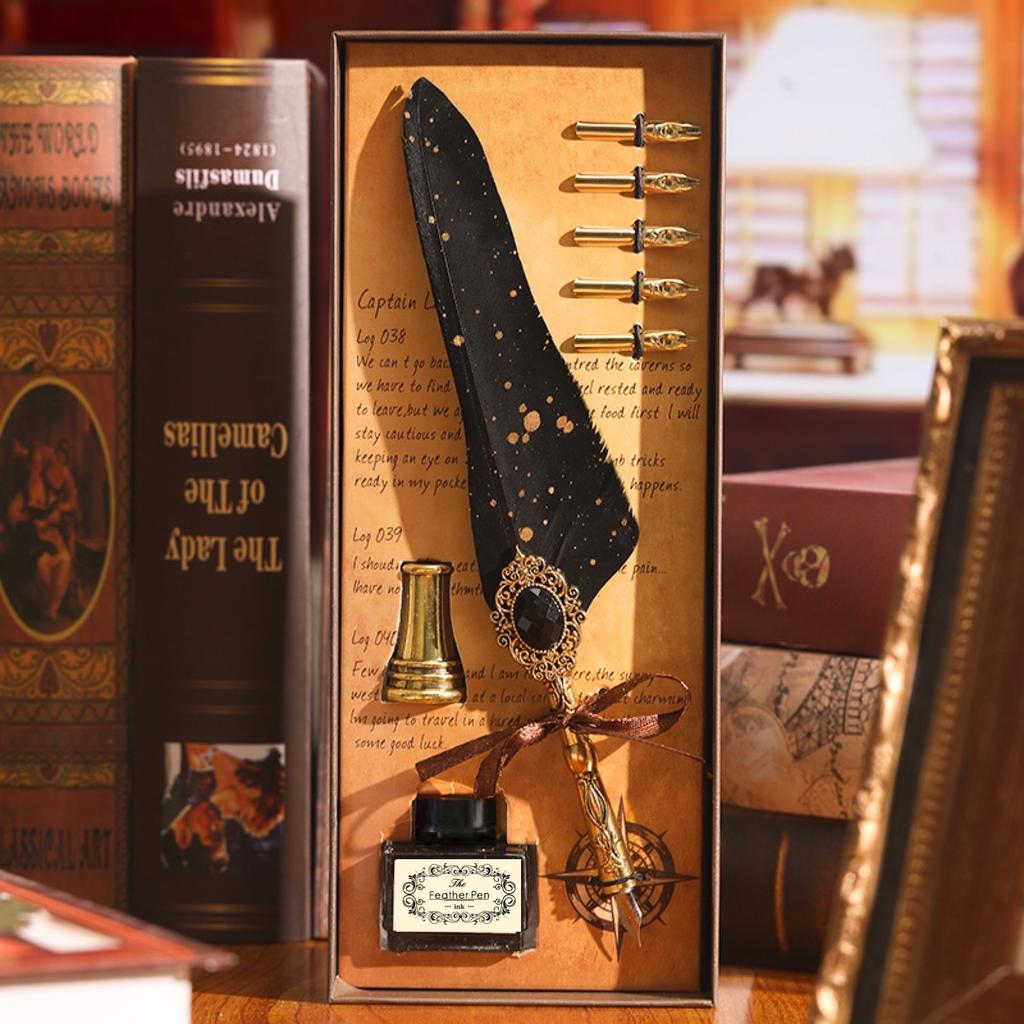 1SET Magic Gem Feather Pen Harry Potter European Vintage Fire Lacquer Seal Dip Pen Pen Gift Box Birthday Gift