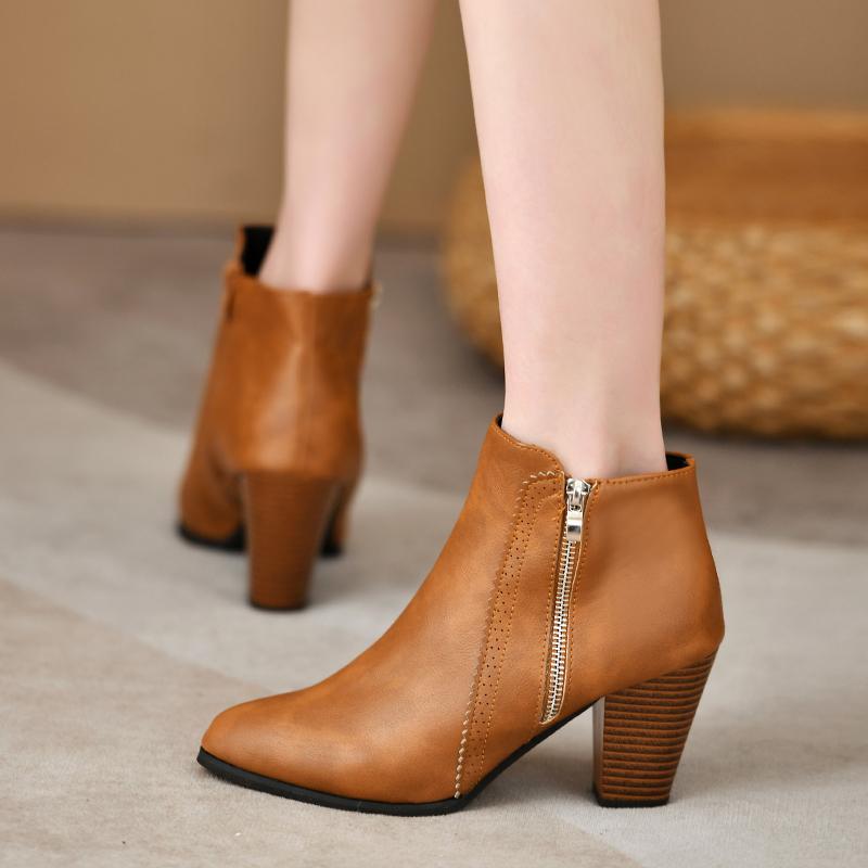 New Luxury Women Ankle Boots Fashion Leather Boots High Heels Ladies Shoes Side Zipper Short Boots For Women Shoes  Mujer