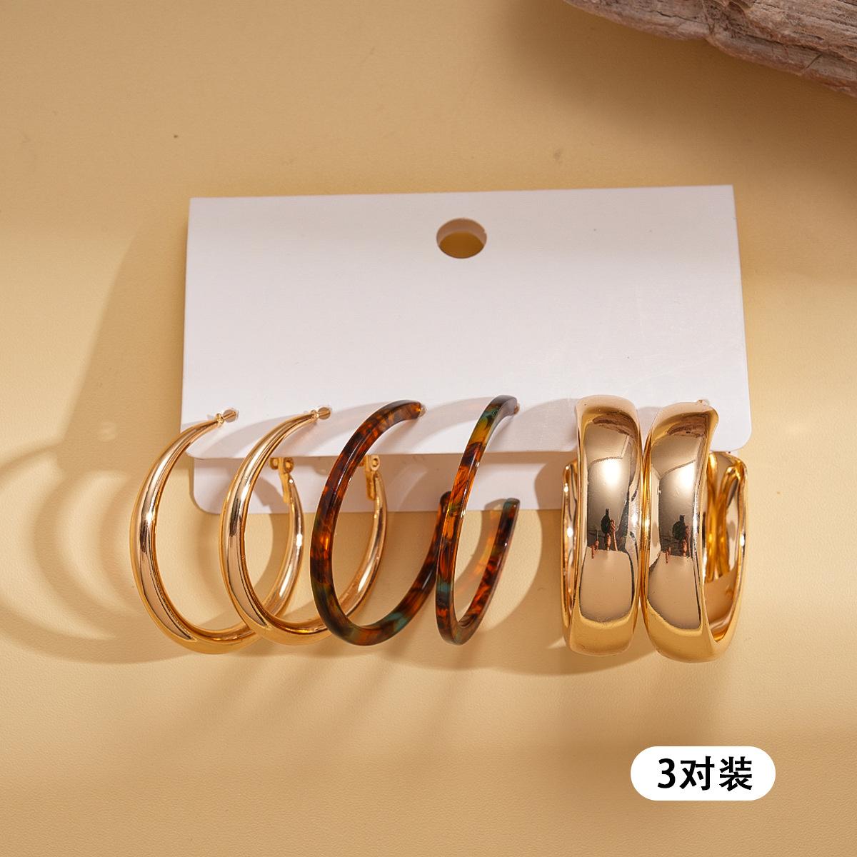 Six-piece Metal Acetate Plate Round Silver Needle Earrings Versatile Geometric Earrings