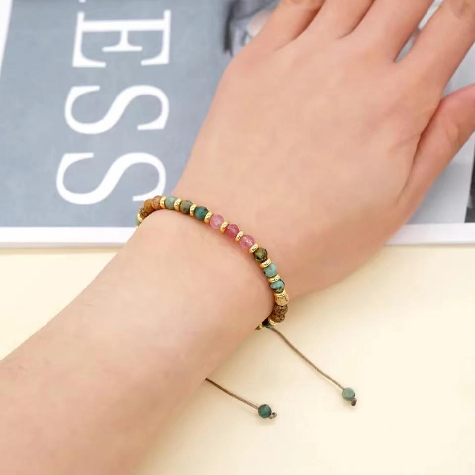 Multi-colored Semi-Precious Stone Gold CCB Bead Adjustable Rope Bracelet Candy Color Bead  Daily Wear Jewelry Beads Color Random