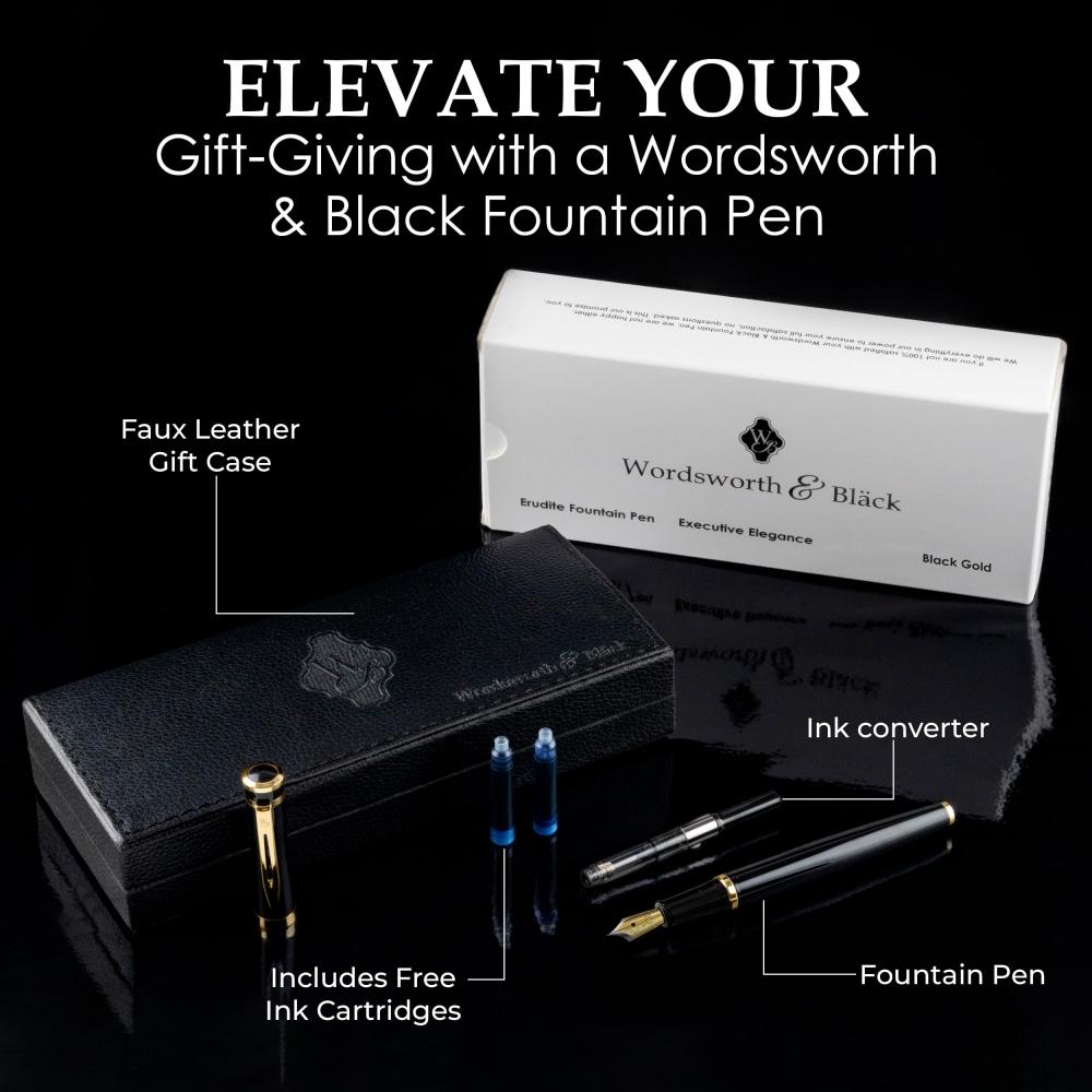 Wordsworth & Black Fountain Pen Set, Medium Point, 6 Ink Cartridges and Ink Refill Converter, Gift Case, Journaling, Calligraphy, Smooth Writing Pen [
