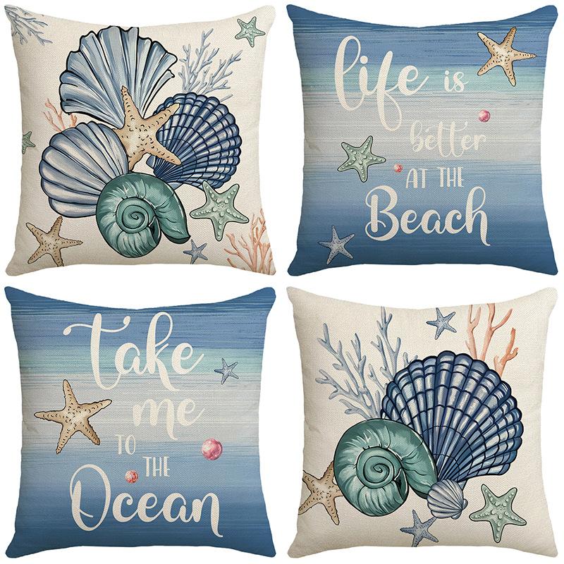 Spring New Printed Pillow Linen Sofa Pillow Case Letter Marine Life Blue Pillow Case