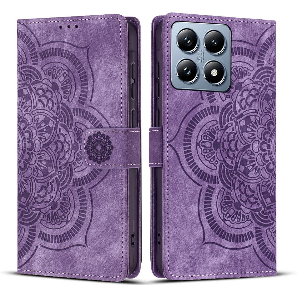 

For Xiaomi 14T Leather Case WANLONFENG HDM Series Mandala Imprint Wallet Stand Phone Cover Purple