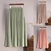 Spring Summer Vintage Solid Pleated Long Skirts Cotton Linen Maxi Skirt for Women Elastic Waist Boho Beach Skirt A-Line Skirt