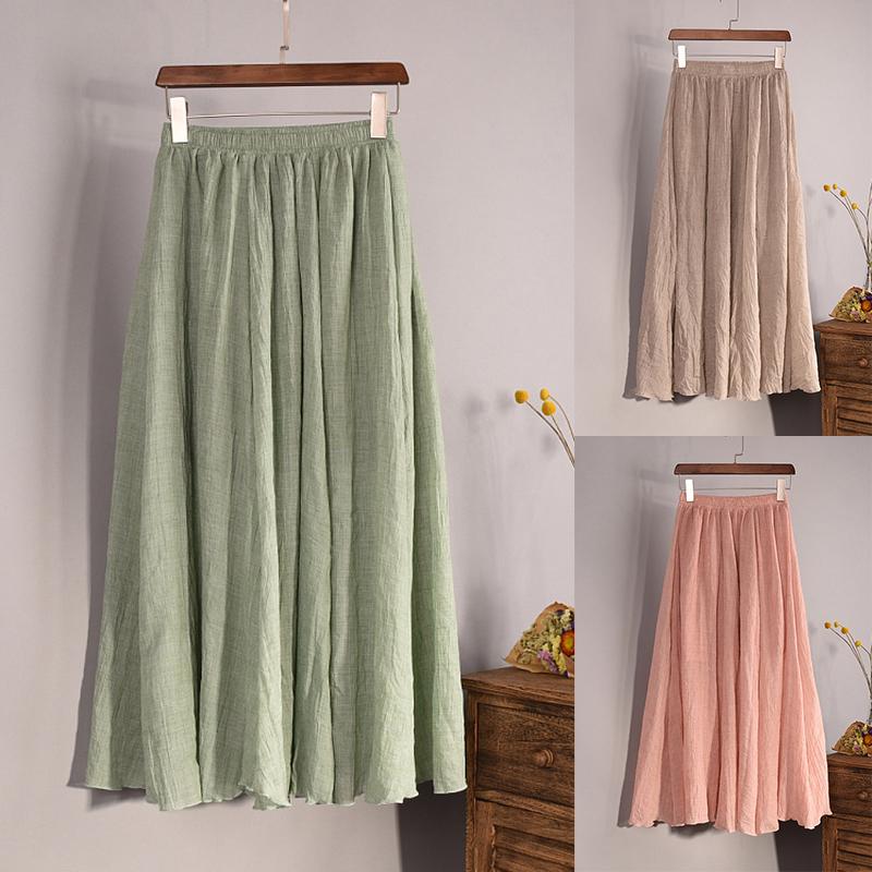 Vintage Solid Pleated Long Skirts Cotton Linen Maxi Skirt for Women Summer Elastic Waist  Girls Boho Beach Skirt A-Line Skirt