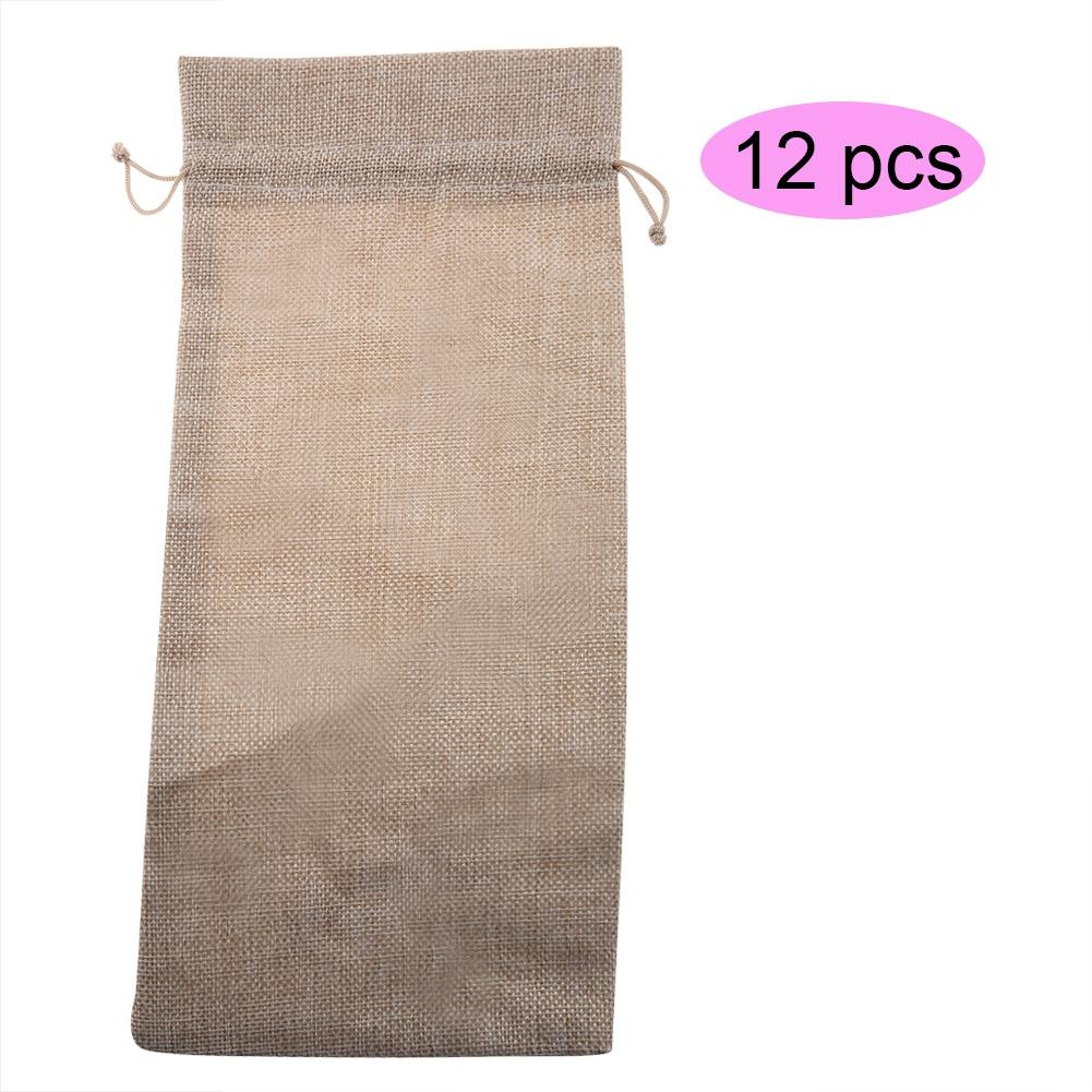 12pcs Simple Linen Fabric Wine Bag with Drawstring Champagne Decorative Cover