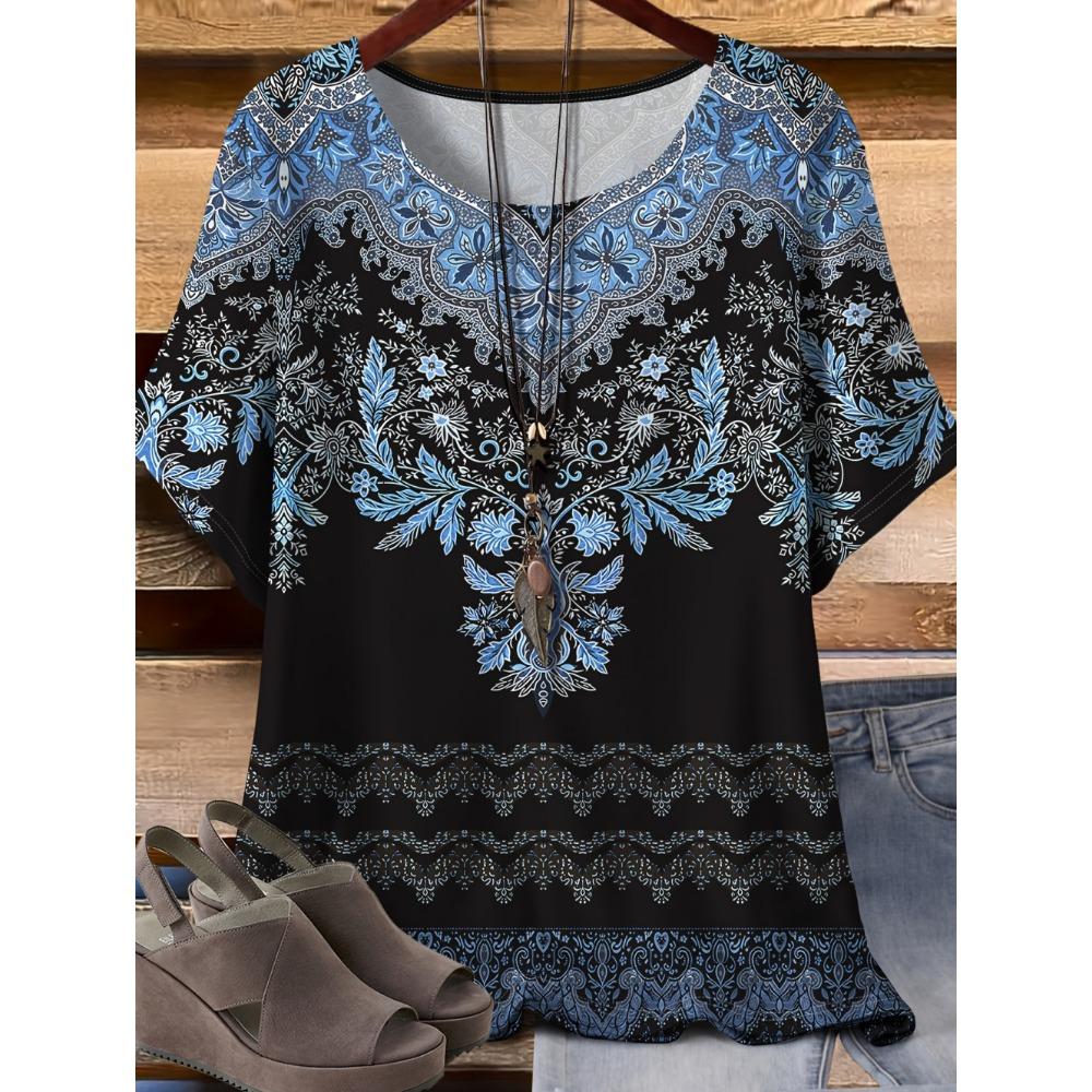 Vintage Paisley Graphics Women's Short Sleeve T-Shirt Ethnic Style O-Neck 3D Printed Top Tees Summer Loose Women's Clothing