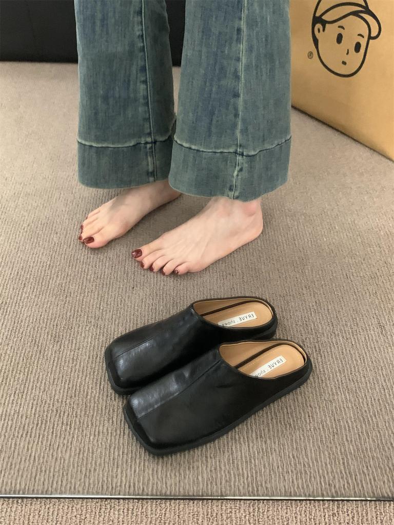 Fashion 2025 Summer New Low Heels Mules Shoes for Women Square Toe Slippers Women Chunky Heel Cover Toe Slippers Shoes Zapatos De Mujer