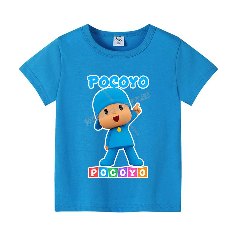 Pocoyos T-shirt for Children New Round Collar Clothing Colored Short Sleeve Kawaii Anime Clothes Cartoon Sunmer Tee Top Kid Gift