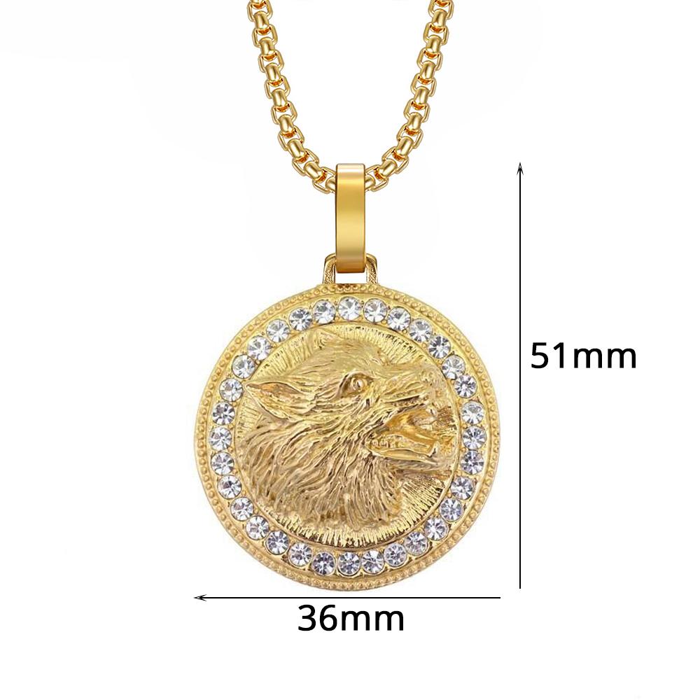 Punk Fashion Iced Out Bling Animal Wolf Head Pendant Male Gold Color Stainless Steel CZ Round Necklace For Men Jewelry Gift 2025