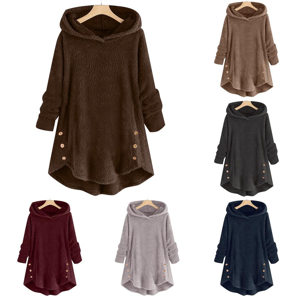 Women's Loose Ruffle Hem With Plush Solid Button Casual Hooded Mid Length Jacket Top