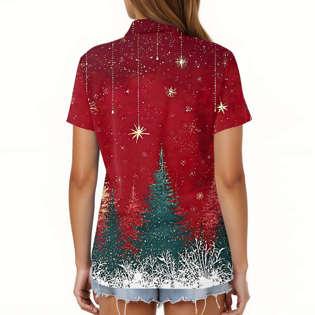 Dámská móda Ležérní klopa Krátký rukáv Vánoční potisk Košile Dámské knoflíkové topy