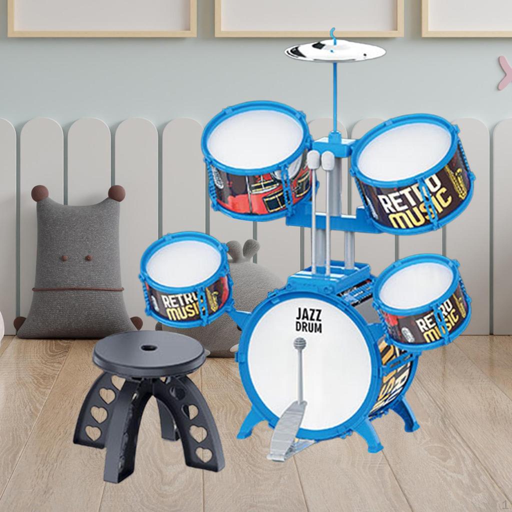 Beginner Kids Drum Set Includes Drumsticks Stool Boys Girls PVC Development Music Toy Educational