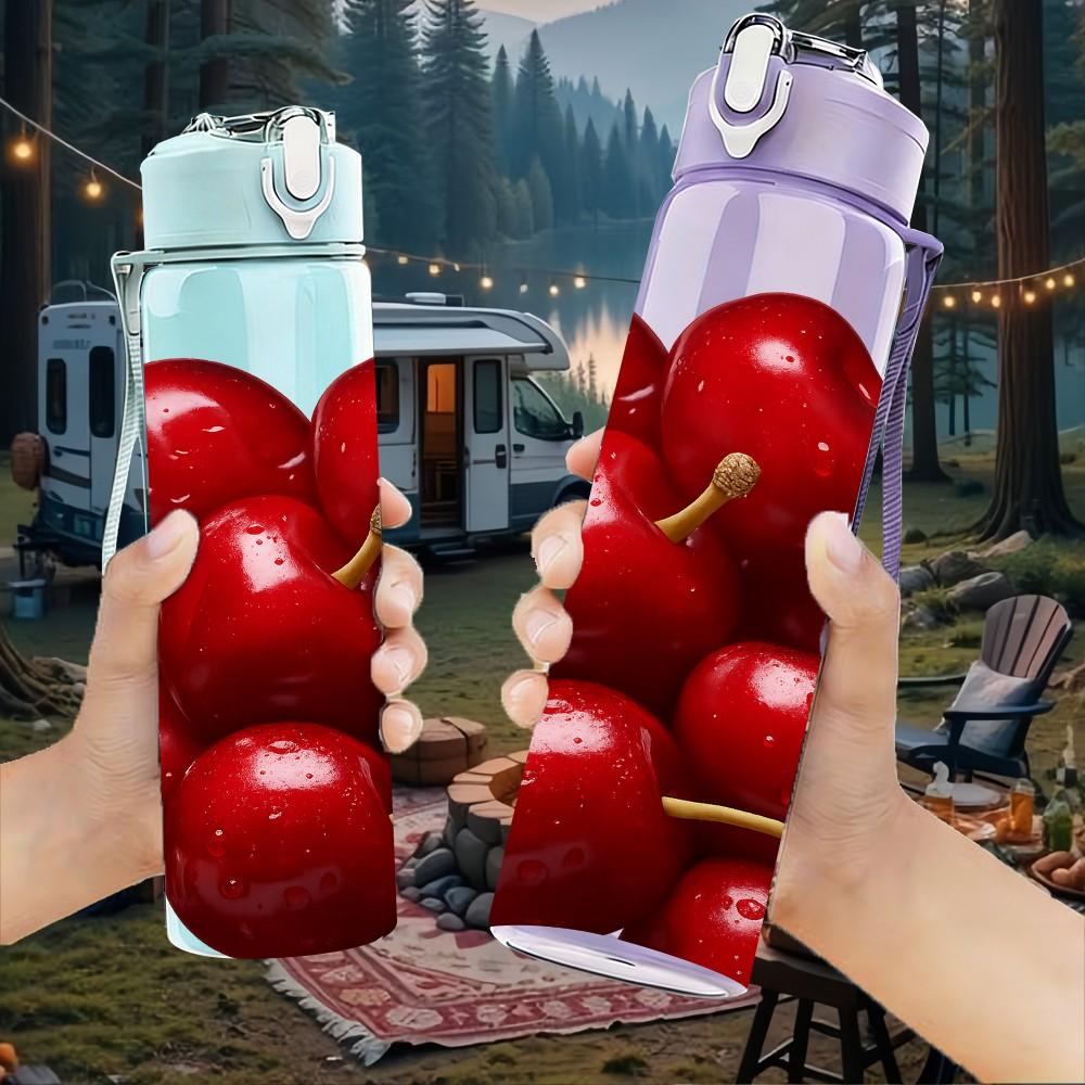1PC Bright Red Cherry Fruit Cluster Print 750ml Color Plastic Sports Water Bottle Leakproof Flip Straw Lid Suitable for Sports Office Home Use
