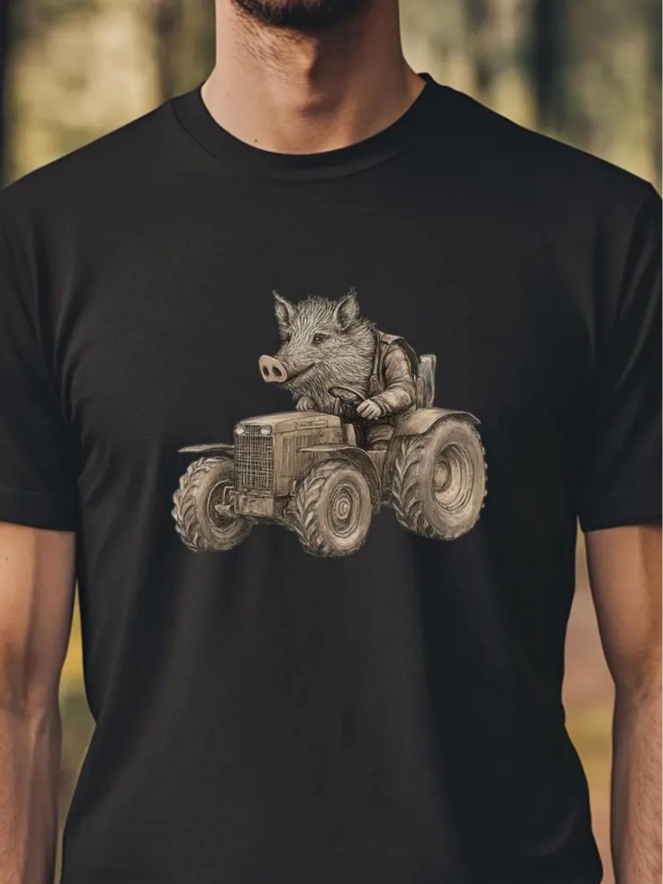 Men S Vintage Wild Boar Tractor Graphic Tee - Funny Short-Sleeve Shirt Featuring Farm Animals S