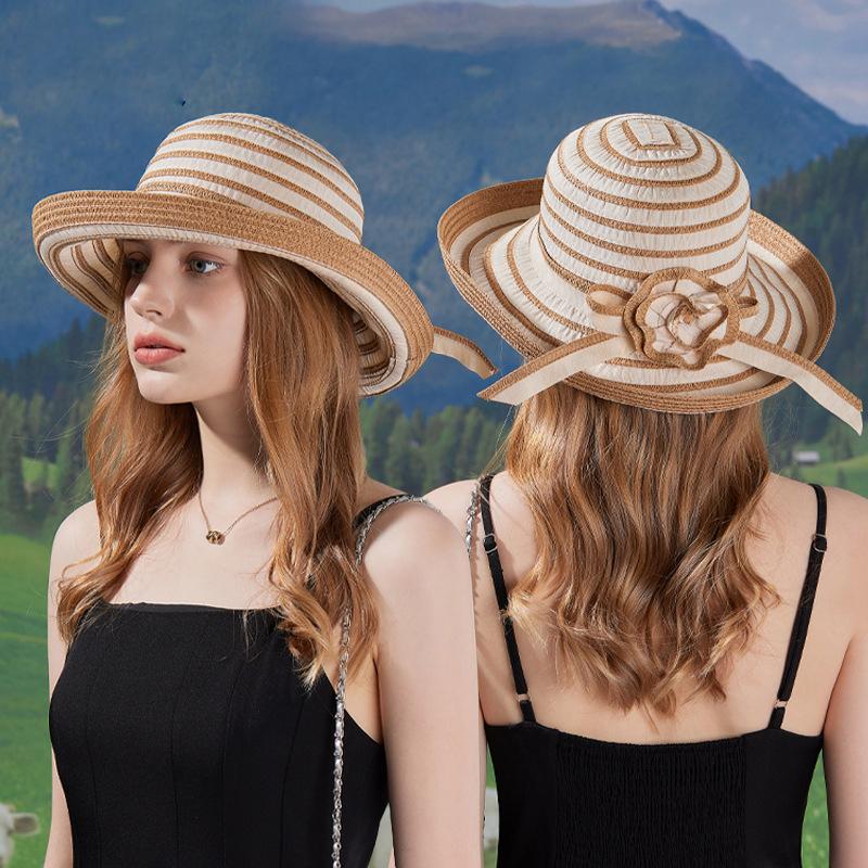 Summer Straw Hat Women's Striped Big Brim Fisherman Hat Outdoor Sun Protection Sun Hat