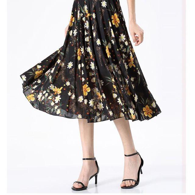 Women Half Length Skirt Summer Ice Silk Pleated Skirt Medium Length Middle-aged Mother High Waisted Floral A-line Skirts