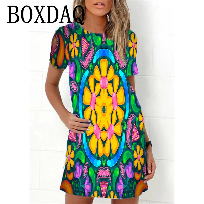 2023 Neues Sommer Damenkleid Retro Hippie 60er Vintage Flower Power Lockeres A-Linien-Kleid Lässig Übergroß Damen 3D-Druck Minikleid