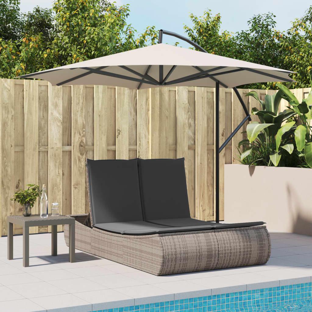 Double Sun Lounger with Cushions Gray Poly Rattan