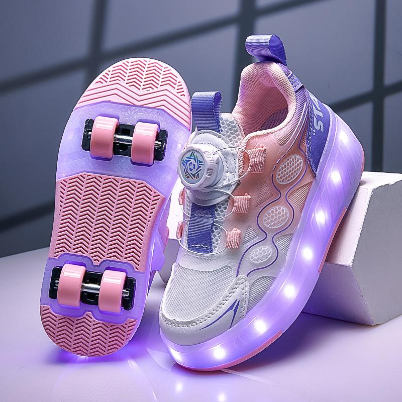 Children Roller Skating Shoes Anti-collision Durable Walking Shoes LED Lights USB Charging Four-wheel Skate Shoes for Kids