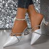 Fashion Luxury Sequins Pointed Toe Slippers Women Crystal Decor Heel Pu Leather Sandals Ladies Party Wedding Thick Sole Slides Mujer