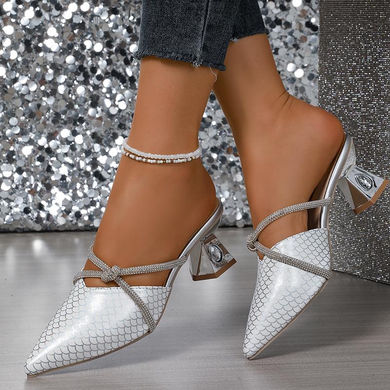 Fashion Luxury Sequins Pointed Toe Slippers Women Crystal Decor Heel Pu Leather Sandals Ladies Party Wedding Thick Sole Slides Mujer