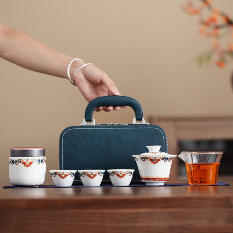 Suet jade porcelain travel tea set Outdoor tea making Kuaike cup Ceramic one pot two cups Business gifts High-end