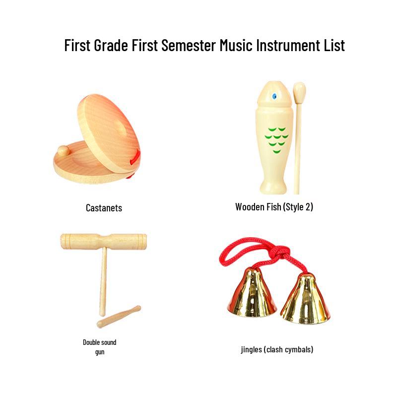 Children's Orff Percussion Instruments: Triangle, Castanets, Maracas, Tambourine, Wood Block, Cymbals