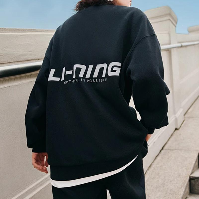 Li Ning Sports Lifestyle Series Letter Print Fleece Warm Reflective Pullover Crewneck Sweatshirt Unisex Sweatshirt Black AWDTB41-6