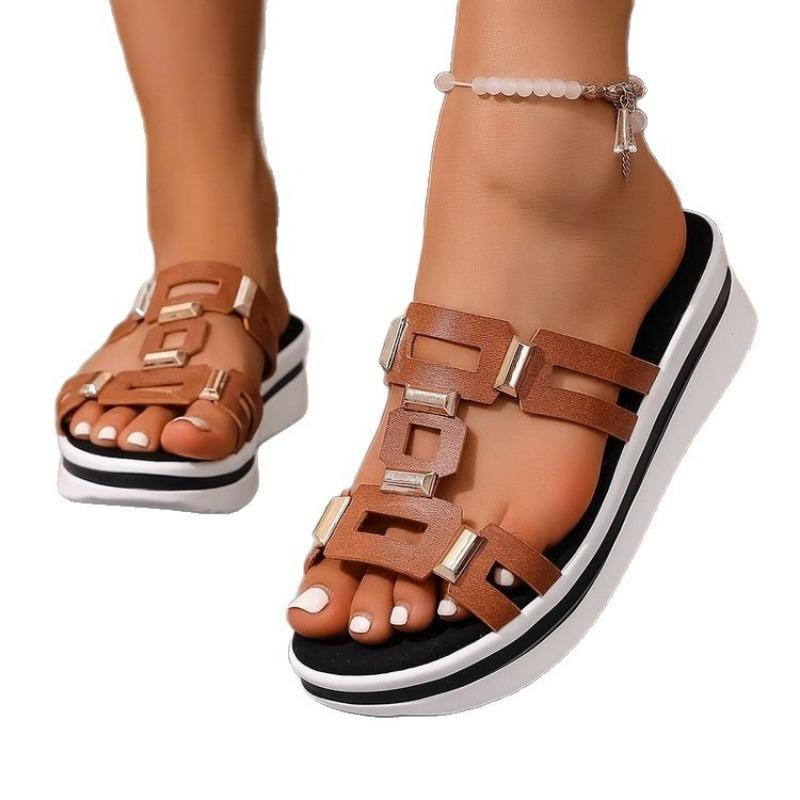 New Double-breasted Muffin Thick-bottomed One-word Slippers for Women's Leisure Going Out On the Beach Cool Slippers for Women